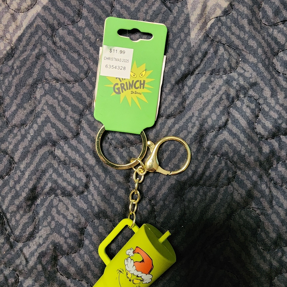 Dr. Seuss Grinch Lime Green Mug Keychain with Gold Hardware